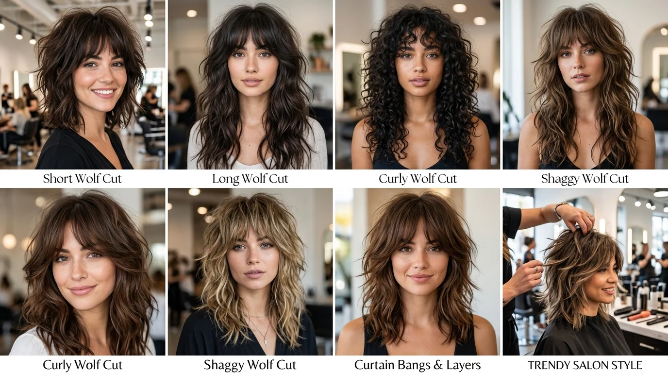 Wolf cut hairstyles collage with trendy layered textured cuts