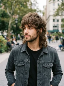 Medium brown wolf cut for men with heavy layers and volume