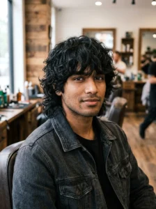 Wavy black wolf cut for men natural textured hairstyle