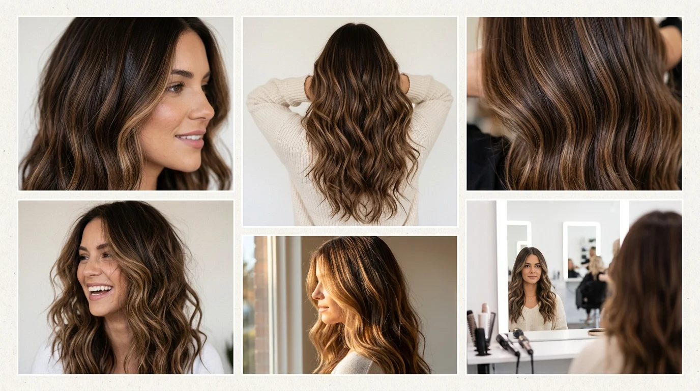 California brunette hair ideas collage with soft balayage and beachy waves