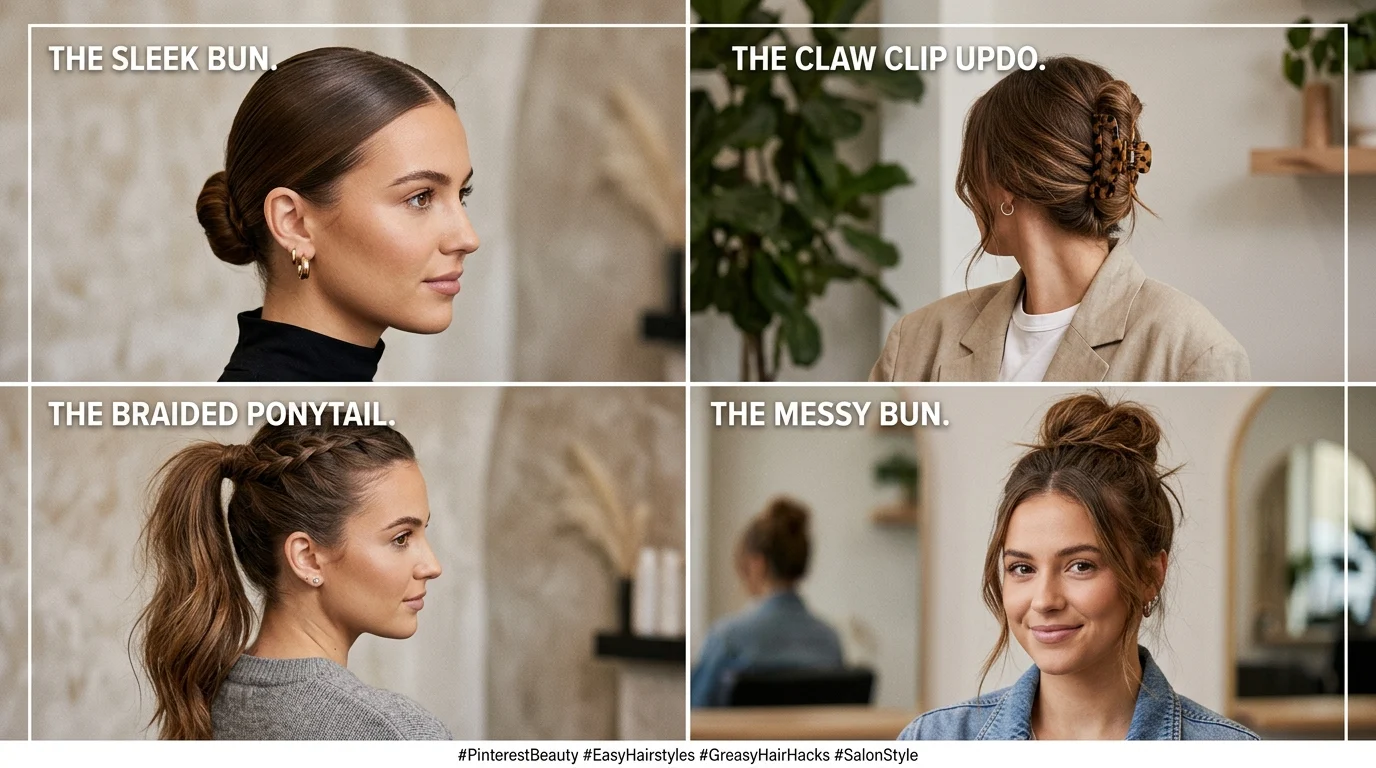 Hairstyles for greasy hair collage featuring buns braids and ponytails