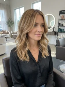 Woman with trendy layered hairstyle and balayage hair color for 2026