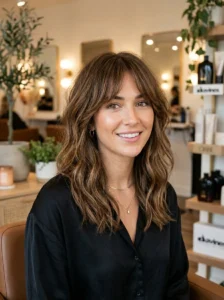Woman with textured shaggy lob haircut and soft curtain bangs