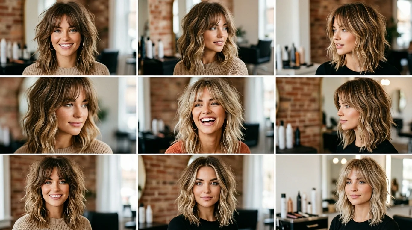 Shaggy lob haircuts collage showing textured long bob hairstyles with layers and bangs