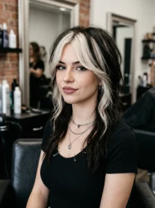 Woman with bold Y2K skunk hair and chunky blonde streaks