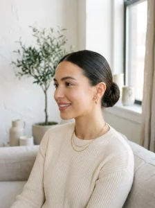 Woman with sleek hairstyle for greasy hair looking fresh and stylish