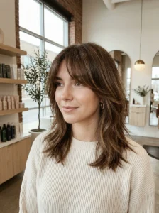 Woman with trendy kitty cut hairstyle and soft curtain bangs