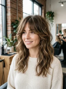 Woman with trendy long shag haircut and curtain bangs
