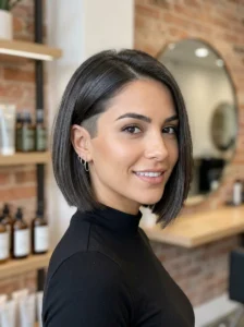 Woman with sleek undercut bob hairstyle and edgy shaved detail