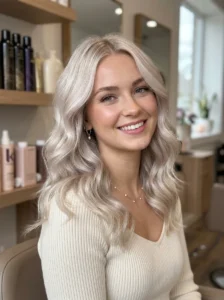 Ice pearl medium wavy hairstyle with luminous blonde tones