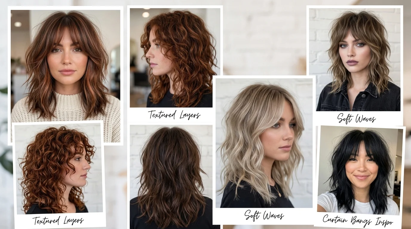 Medium shag haircuts collage with layered medium hairstyles and curtain bangs