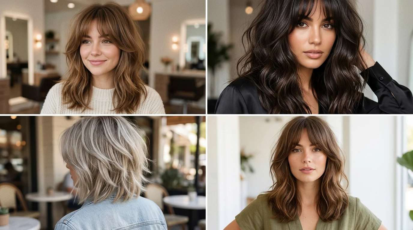 Kitty cut hairstyles collage featuring soft layered trendy haircuts
