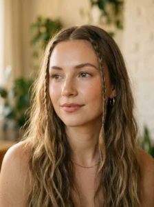 Woman with face-framing baby braids hairstyle soft aesthetic look