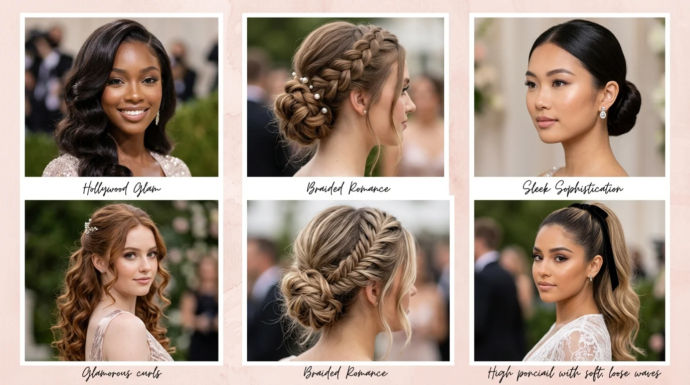 Elegant prom hairstyles collage featuring waves buns braids and curls