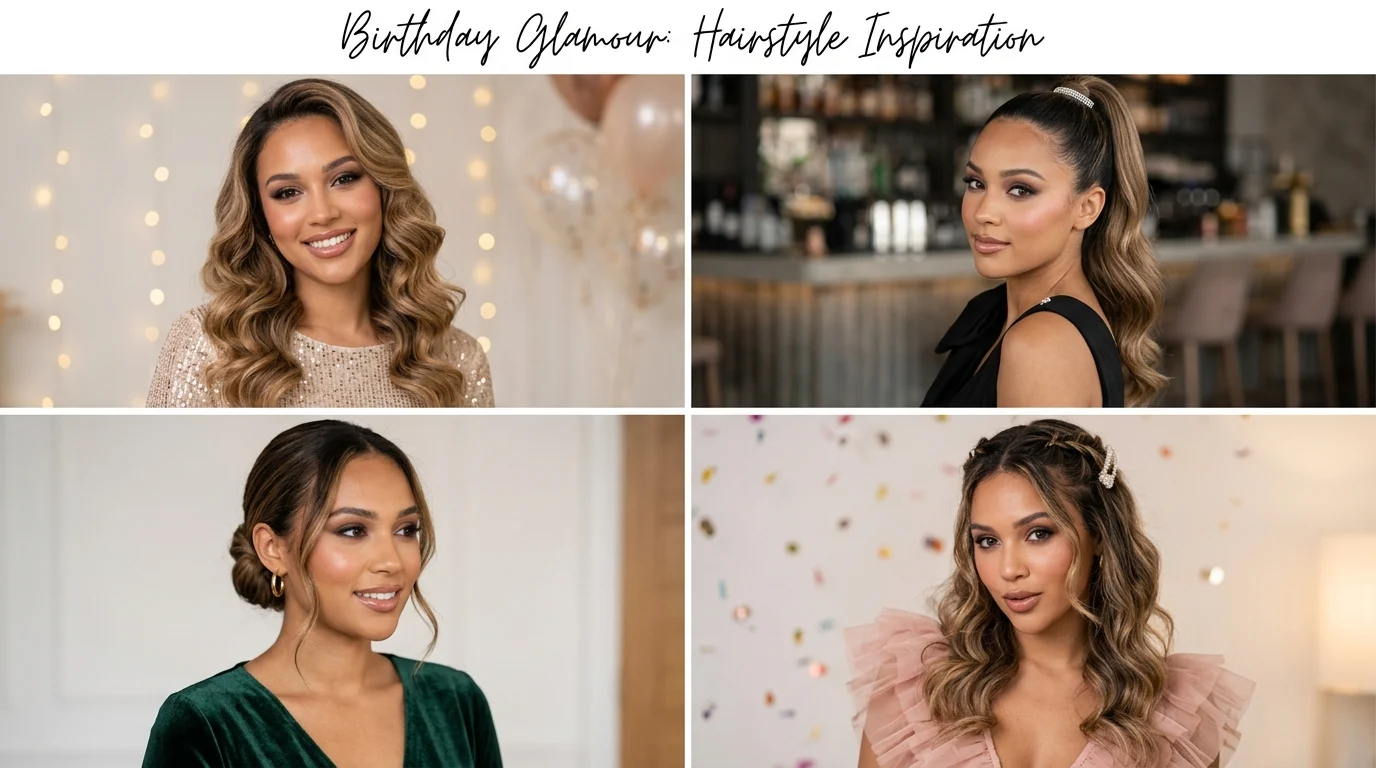 Birthday hairstyles collage showing glamorous and effortless party hair ideas