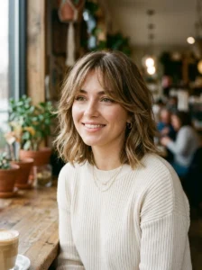 Layered haircut with curtain bangs