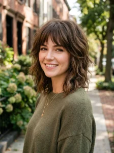 Modern shaggy lob on brown hair with wispy bangs textured hairstyle