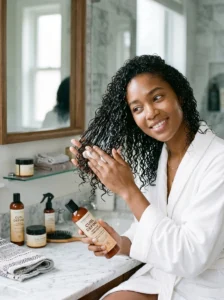 Applying leave-in conditioner to curly hair
