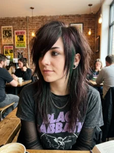 Asymmetrical emo shag haircut with bold layers