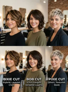 Comparison of bixie haircut with bob and pixie styles