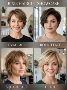 Bixie haircut styled for different face shapes