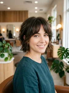 Bixie haircut with soft curtain bangs