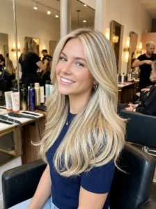 Full head blonde highlights with glossy finish