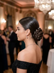 Braided low bun hairstyle for straight hair