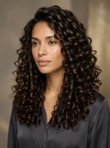 Glossy dark curly hairstyle