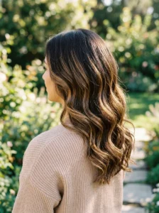 Balayage on dark brunette hair with caramel tones