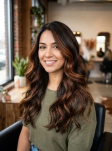 Copper highlights blended into brunette hair