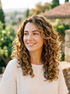 Honey highlights on brunette hair with loose curls