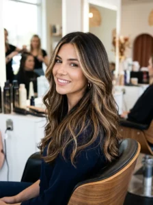 Balayage hairstyle creating vertical dimension for a round face shape