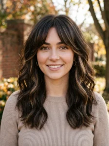 Dark brunette hair with soft face framing highlights