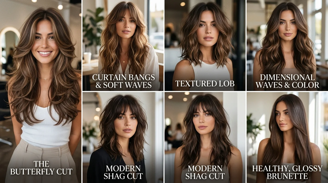 Popular hair trends including butterfly haircut, curtain bangs, and textured lob styles