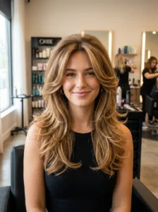 Butterfly haircut creating height and balance for a round face
