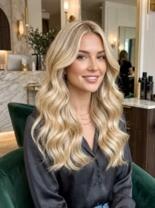 Buttery vanilla blonde hair color with soft waves