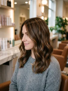 All-over caramel highlights on brown hair