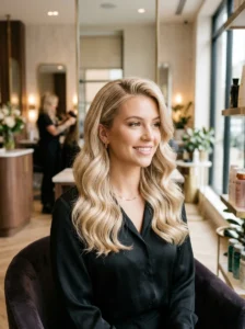 Champagne blonde hairstyle with glossy shine