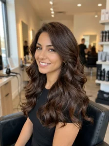 Glossy chocolate brown brunette hairstyle with soft curls