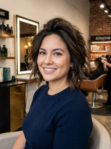 Angled choppy bob for round face