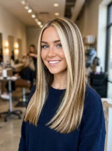 Chunky blonde highlights on straight hair