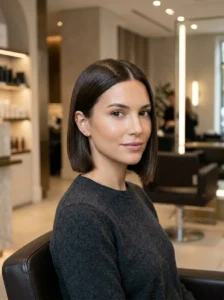 Classic ear-length bob haircut with sleek styling