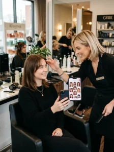 Salon consultation for wispy bangs haircut