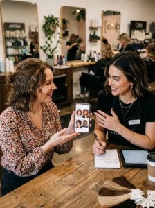 Salon consultation for a fluffy bob haircut