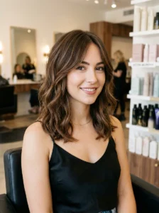 Collarbone-length hairstyle that adds length to a round face