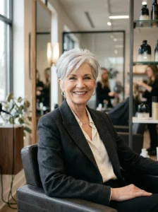 Classic short crop hairstyle for women over 60 with elegant silver hair.