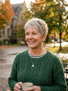 Woman over 50 wearing a modern textured pixie haircut