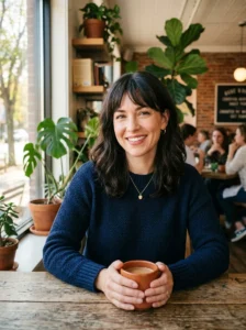 Woman confidently wearing wispy bangs after a year