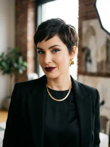 Confident woman with a stylish pixie haircut and bold modern fashion styling.